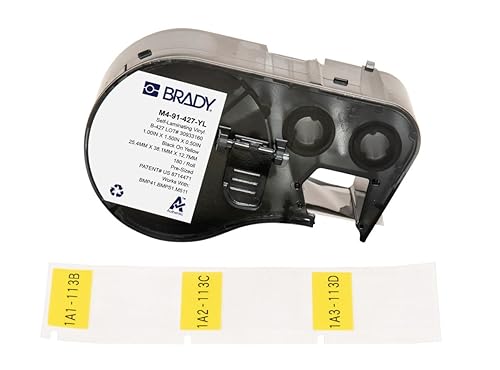 Brady Self-Laminating Vinyl Pre-Sized Labels for Label Printer BMP41/BMP51/BMP53/M511-180 Self Adhesive Printer Labels - Black on Yellow, Transparent (25,40 mm (W) x 38,10 mm (H)) - M4-91-427-YL