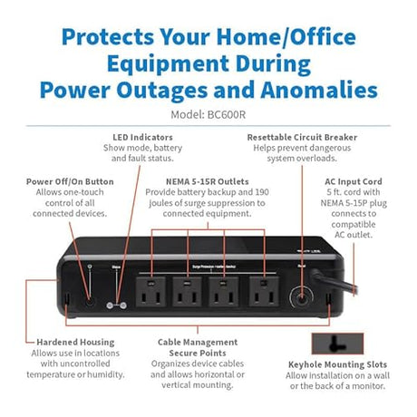 Tripp Lite 600VA UPS Desktop Battery Backup and Surge Protector, 300W, 4 Outlets, Small Form Factor, Wall Mounting Option, 5ft Cord, 2-Year Warranty (BC600R)