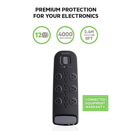 Belkin 12 Outlet Surge Protector with 8-Foot Power Cord and Telephone and Coax Protection (BV112230-08-BLK) Black