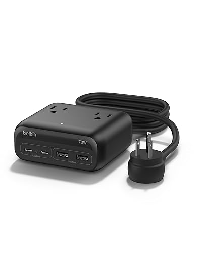 Belkin 3-Outlet GaN Charging Station 70W, Dual USB C Charger w/ 3X AC Outlets, 2X USB A Ports - Power Strip for iPhone, Apple Watch, iPad, MacBook, Chromebook, Samsung Galaxy, Pixel 9, & More - Black 70W, 3 AC Outlet
