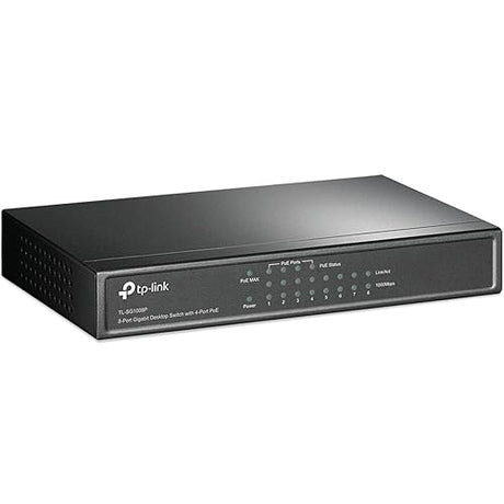 TP-Link TL-SG1008P 8 Port Gigabit PoE Switch 4 PoE+ Ports @64W Desktop Plug & Play Sturdy Metal w/ Shielded Ports Fanless QoS & IGMP Snooping,Black 8 Port w/ 4 PoE+ Port, 64W 8 Port w/ 4-Port PoE+