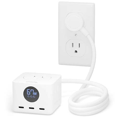 Plugable 67W USB C Power Strip, Charging Station Extension Cord with Multiple Outlets, Flat Wall Plug and Watt Meter, 3X USB-C, 3X AC Power Outlets for iPhone 16, Travel, Office, 5ft (PS3-METERC3)