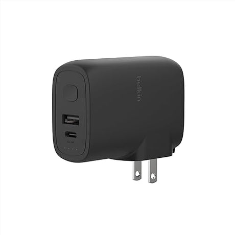 Belkin BoostCharge Hybrid Wall Charger 25W + Power Bank 5K, 2-in-1 Portable Charger, Portable Battery Charger w/USB-C Port & USB-A Port - Travel-Friendly, Dual-Port Charging Device - Black 2-1 Charger