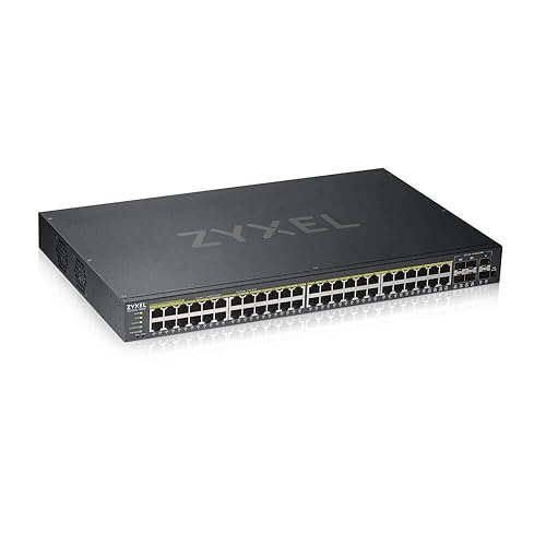 Zyxel 48-Port High Powered Gigabit Ethernet PoE+ Hybrid Cloud Smart Managed Switch (44x RJ-45 + 4X RJ-45/SFP Ports | 375W 802.3at 802.3af | Metal | Limited Lifetime (GS1920-48HPv2) 48 Ports Cloud Ready (375W)