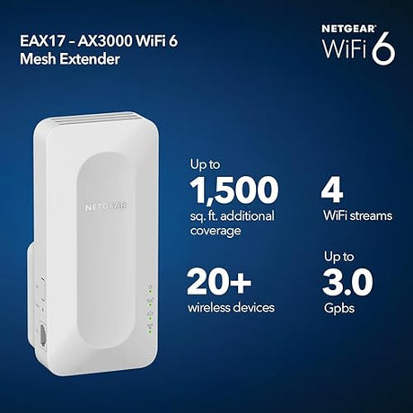 NETGEAR WiFi 6 Mesh Range Extender (EAX17) – Add up to 1,500 sq. ft. and 20+ Devices with AX3000 Dual-Band Wireless Signal Booster & Repeater (up to 3.0Gbps Speed) – WPA Security, Smart Roaming