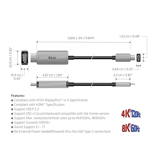 USB-C Gen2 to HDMITM 4K120Hz 8K60Hz HDR10+ with DSC1.2 Cable M/M 9.84ft Black Cable M/M 3m / 9.84ft