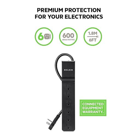 Belkin Power Strip Surge Protector with 6 AC Multiple Outlets - Flat Rotating Plug, 6 ft Long Heavy-Duty Extension Cord for Home, Office, Travel, Computer Desktop & Charging Brick (600 Joules) 3PK