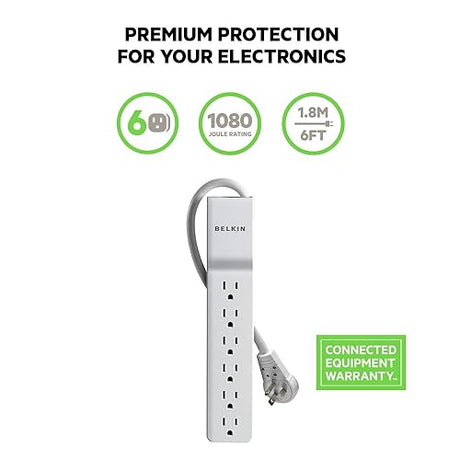 Belkin 6-Outlet Power Strip Surge Protector w/Flat Rotating Plug, 6ft Cord – Ideal for Personal Electronics, Small Appliances and More (1080 Joules), White, 6' - 6 Pack