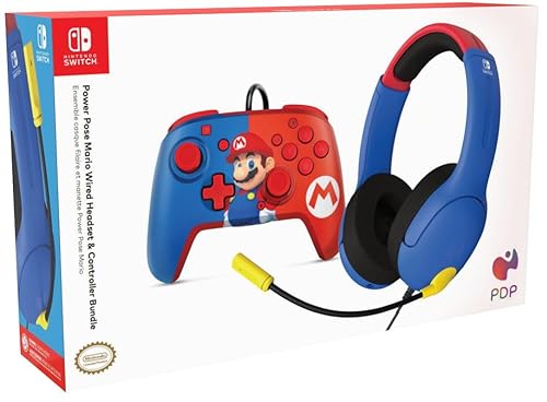 PDP AIRLITE Wired Headset & REMATCH Wired Controller Bundle: Mario Dash For Nintendo Switch, Nintendo Switch - OLED Model Controller + Headset Red & Blue Mario
