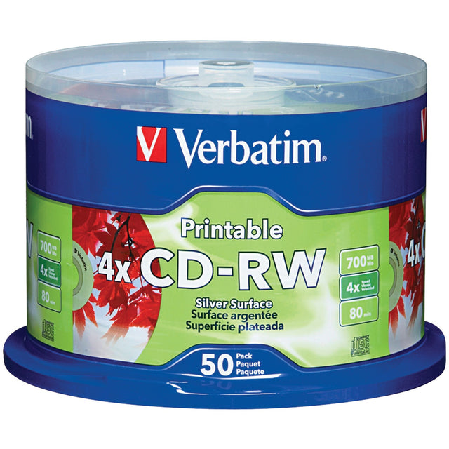 Verbatim CD-RW Discs, Printable, 700MB/80min, 4x, Spindle, Silver