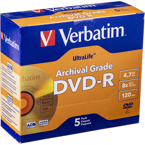 Verbatim 5pk Dvd-R 8x Ultralife Archival Grade Gold Shiny Jewel Case