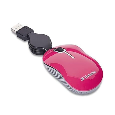 Verbatim Wired Optical Computer Mini USB-A Mouse - Plug & Play Corded Small Travel Mouse with Retractable Cable – Pink 98618 PINK USB-A