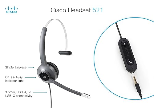 CISCO Headset 521, Wired Single On-Ear 3.5mm Headset with USB-C Adapter, Charcoal, 2-Year Limited Liability Warranty (CP-HS-W-521-USBC)