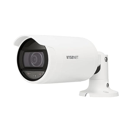 HANWHA ANO-L7012R Wisenet IR Bullet Camera, White; 4MP Resolution; 1/3 CMOS Sensor; IR Visibility Up to 65.6 feet; Micro SD/SDHC/SDXC Onboard Memory Slot Up to 128GB; IP66; Fixed Focus
