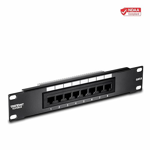 TRENDnet 8-Port Cat6 Unshielded Patch Panel, TC-P08C6, Rackmount, 10 Inch Wide, 8 x Gigabit RJ-45 Ethernet Ports, Pre-Numbered Ports, 250 Mhz Connection, Color Coded Labeling, 110 IDC Terminal Blocks