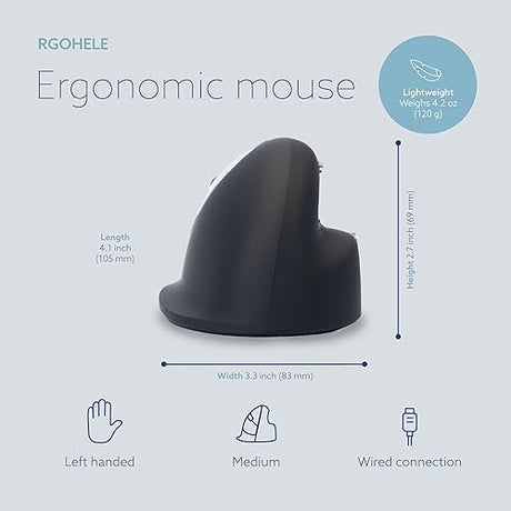 R-Go HE Vertical Ergonomic Mouse, for Left Handed, with Break Software, USB-C/A Wired, Prevents Tennis Elbow/Mouse Arm RSI, Silent Click, 5 Buttons - Compatible Windows/MacOS, Black/Silver