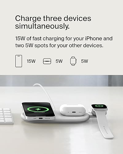 Belkin 3-in-1 MagSafe-Compatible Wireless Charging Pad with Qi2 15W - iPhone Charger - Fast Charging Wireless Charging Station for iPhone 16, 15, & 14 Series, AirPods, Apple Watch, & More - White