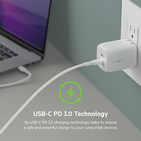 Belkin BoostCharge Pro 65W Dual USB-C GaN Wall Charger, Multi-Port Charger w/ 2X USB-C PD 3.0 Fast Charge Ports for MacBook, iPhone, iPad, Galaxy, Google Pixel, & More + USB-C to USB-C Cable - White Includes USB-C to USB-C Cable