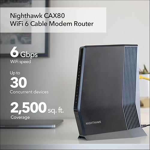 NETGEAR Nighthawk Cable Modem with Built-in WiFi 6 Router (CAX80) - Compatible All Major Providers incl. Xfinity, Spectrum, Cox | Plans Up to 6Gbps AX6000 Speed DOCSIS 3.1, Black 6.0Gbps, DOCSIS 3.1, WiFi 6