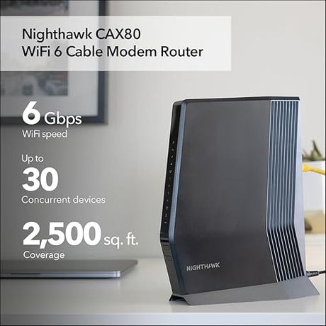 NETGEAR Nighthawk Cable Modem with Built-in WiFi 6 Router (CAX80) - Compatible All Major Providers incl. Xfinity, Spectrum, Cox | Plans Up to 6Gbps AX6000 Speed DOCSIS 3.1, Black 6.0Gbps, DOCSIS 3.1, WiFi 6