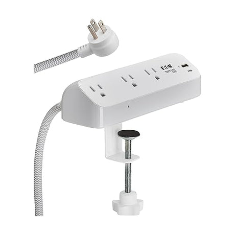 Eaton Tripp Lite Series Desk Clamp Power Strip Surge Protector, 3-Outlets, USB-A & USB-C Charging Ports, 900 Joules, 8ft Braided Flat Extension Cord, Lifetime Manufacturer's Warranty (TLP308U20CLAMP) 3 Outlets White (USB-A + USB-C)
