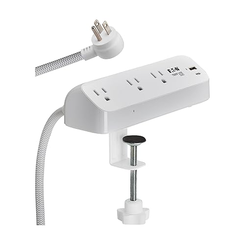 Eaton Tripp Lite Series Desk Clamp Power Strip Surge Protector, 3-Outlets, USB-A & USB-C Charging Ports, 900 Joules, 8ft Braided Flat Extension Cord, Lifetime Manufacturer's Warranty (TLP308U20CLAMP) 3 Outlets White (USB-A + USB-C)