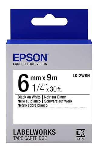 Epson LabelWorks Standard LK (Replaces LC) Tape Cartridge ~1/4 Black on White (LK-2WBN) - for use with LabelWorks LW-300, LW-400, LW-600P and LW-700 Label Printers