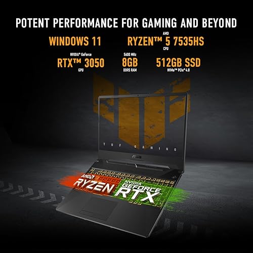 ASUS TUF Gaming A15 Gaming Laptop, 15.6” 144Hz FHD Display, AMD Ryzen™ 5 7535HS Processor, GeForce RTX 3050, 8GB DDR5 RAM, 512GB PCIe SSD Gen 4, Wi-Fi 6, Windows 11, FA506NC-DS51-CA