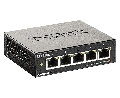 D-Link 5-Port Gigabit Smart Managed Desktop Switch, Layer 2 Features, VLANs, Cable Diagnostics, Compact, Fanless, Energy Saving Features, WebSmart Web GUI, EasySmart (DGS-1100-05V2)