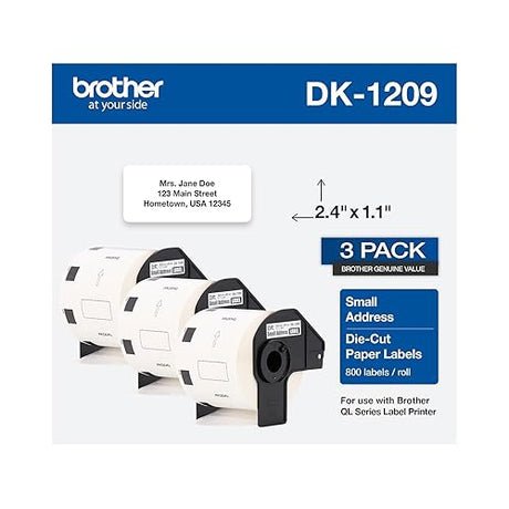 Brother Genuine DK-1209 Small Address Paper Label Roll, Die-Cut Paper Labels, Engineered for Excellence, 800 Labels Per Roll,White, 3 Rolls (DK12093PK) 3 Rolls Label Roll