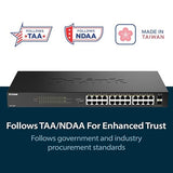 D-Link 24-Port Gigabit PoE+ Unmanaged Switch with 2 SFP Ports (DGS-1026P) – 240W Budget, 30W/Port, Plug-and-Play, Onboard Controls, QoS, Smart Fan, NDAA/TAA Standards