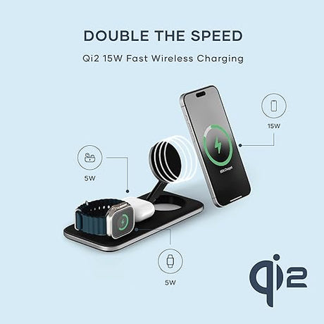 Satechi Qi2 Trio Wireless Charging Pad, 3 in 1 Wireless Charging Station, Qi2 15W Fast Charger for iPhone 17/16/15/14/13/12, 5W for AirPods and 5W for Apple Watch