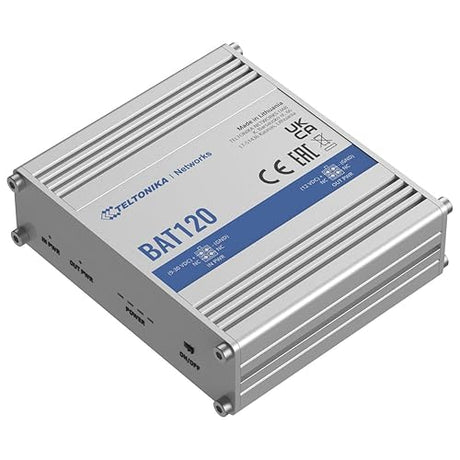 Teltonika BAT120000100 Model BAT120 Uninterrupted Power Supply; 24W US PSU 4-pin Connector; Overvoltage and Reverse Polarity Protection; Aluminum Housing; 2300 mAh Battery Capacity; for up to 6 Hours