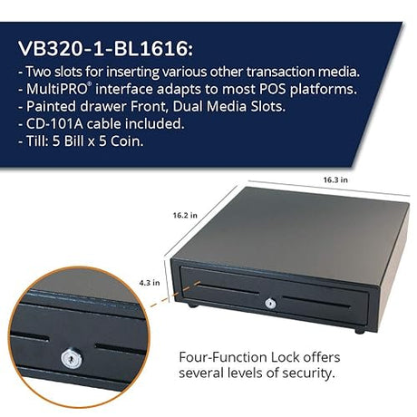 APG Standard- Duty 16” Electronic Point of Sale Cash Drawer | Vasario Series VB320-1-BL1616 | with CD-101A Cable | Printer Compatible | Plastic Till with 5 Bill/ 5 Coin Compartments | Black Printer-driven 24v (With Cable) - Black 16 - 5x4