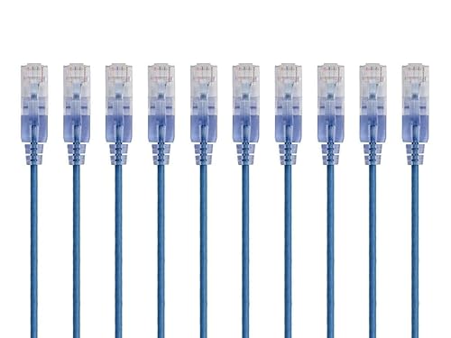 Monoprice SlimRun Cat6A Ethernet Patch Cable - Network Internet Cord - RJ45, Stranded, 550Mhz, UTP, Pure Bare Copper Wire, 10G, 30AWG , 7ft, Blue, 10-Pack Blue 7 Feet (10 Pack) 10 Pack