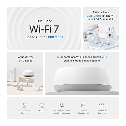 TP-Link Dual-Band BE5000 WiFi 7 Mesh Wi-Fi Router (Deco BE25) – Supports 150+ Devices, 5GHz/2.4GHz, 2.5Gbps Ports, MLO, 4K-QAM, HomeShield Security, Universal Compatibility (1-Pack) Wi-Fi 7 | BE5000, Dual-Band Add-on