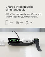 Belkin 3-in-1 MagSafe-Compatible Wireless Charging Pad with Qi2 15W - iPhone Charger - Fast Charging Wireless Charging Station for iPhone 16, 15, & 14 Series, AirPods, Apple Watch, & More - Black