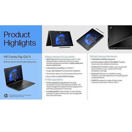 HP Fortis Flip G1i 11.6 Touchscreen Convertible 2 in 1 Notebook - HD - Intel N-Series N150-8 GB - 128 GB Flash Memory - English Keyboard - Jet Black - Intel Chip - LTE Advanced, UMTS, DC-HSPA+ - 13