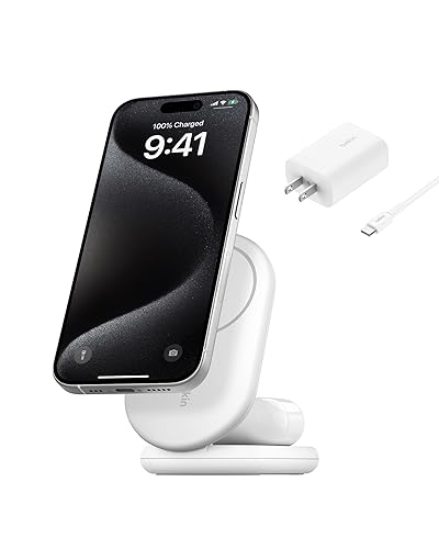 Belkin MagSafe-Compatible Charger, 2-in-1 Magnetic Foldable Charger 15W - Qi2-Certified Wireless Charging for Apple iPhone 16, Apple Watch, Samsung Galaxy S25 w/Non-Slip Base, PSU Included - White White 2 in 1