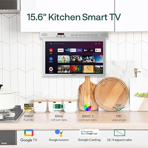 SYLVOX Under Cabinet TV 15.6-Inch Smart 1080p with LED Clock Display in White