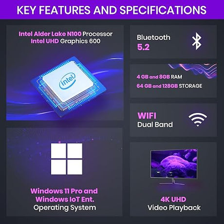AZULLE Access Pro Fanless Mini PC Stick, Intel N100 0.8GHz, 4GB RAM, 64GB eMMC, Windows 10 IoT Enterprise with Zoom Software