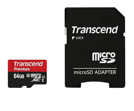 Transcend 64GB MicroSDXC Class10 UHS-1 Memory Card with Adapter 90 MB/s (TS64GUSDU1) Standard Packaging