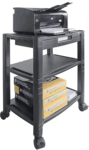 Kantek Height-Adjustable Deskside Printer Cart, Plastic, 3 Shelves, 1 Drawer, 60 lb Capacity, 20 x 13.25 x 24.5, Black Extra Wide 3-Shelf
