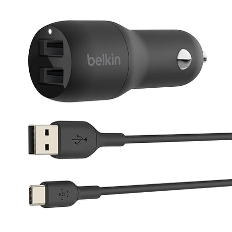 Belkin 24 Watt Dual USB Car Charger - 2 12W USB A Ports with USB-C Cable for Fast Charging Apple iPhone 14, 14 Pro, 14 Pro Max, iPhone 13, Samsung Galaxy, AirPods & More - USB-C Charger Includes USB-C Cable