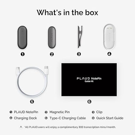 PLAUD NotePin Smart Recording Device Kit with Magnetic Pin, Charging Dock, Type-C Cable - Grey