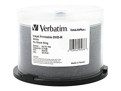 Verbatim 4.7GB Up To 16x DataLifePlus White Inkjet Printable Recordable Disc DVD-R, 50 -Disc Spindle 95078