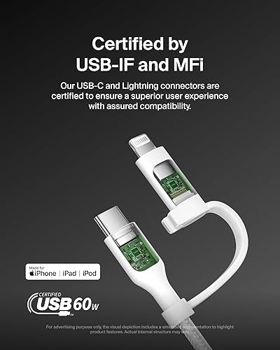 Belkin BoostCharge Braided 2-in-1 USB-C Charging Cable w/USB-C & Lightning Connector (1.5M) Fast & Multi-Charging for iPhone Series, iPad, MacBook, Galaxy Series, Nintendo Switch 2 & More - White