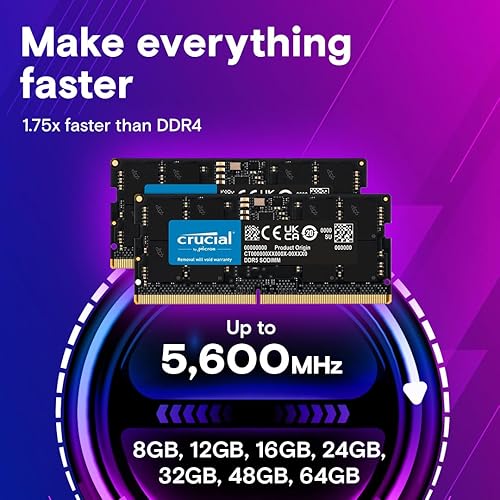 Crucial 64GB DDR5 RAM 5600MHz (or 5200MHz or 4800MHz) Laptop Memory, SODIMM 262-Pin, Compatible with Latest Intel Core Ultra and AMD Ryzen 8000 & Above – CT64G56C46S5