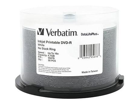 Verbatim 4.7GB Up To 16x DataLifePlus White Inkjet Printable Recordable Disc DVD-R, 50 -Disc Spindle 95078