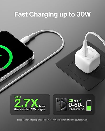 Belkin BoostCharge Compact Wall Charger 30W, USB-C Power Delivery Fast Charging for Apple iPhone 15 Series, 14 Series, 13 Series, Samsung Galaxy S24, Galaxy S23, iPad, AirPods, Tablet, & More - White